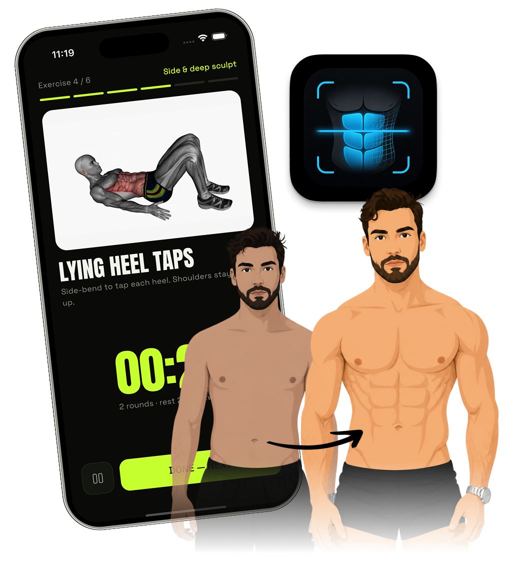 The Absly app showing an abs scan and the resulting Abs Score